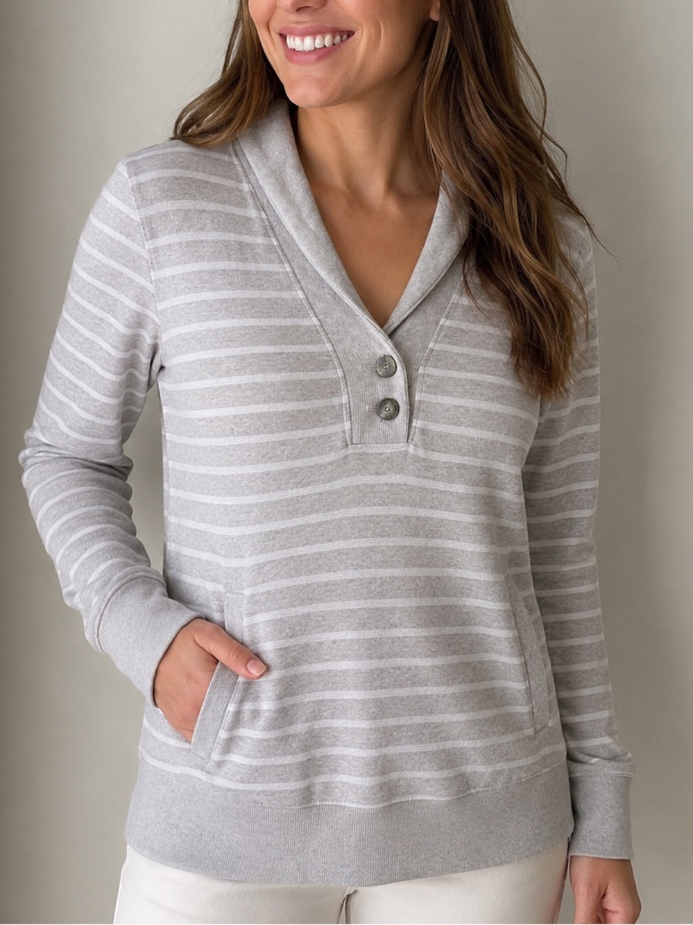 Banana Republic Size M Cream and Light Gray Striped Shawl-Collar Sweater